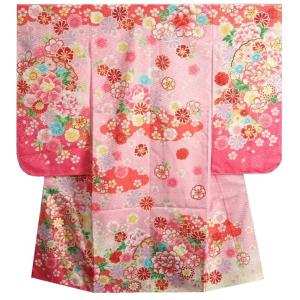 七五三 着物 7歳 女の子 四つ身着物 フロム京都ブランド 濃淡ピンク染め分け まり 刺繍牡丹菊 サヤ地紋生地