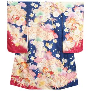 七五三 着物 ７歳 女の子 四つ身着物 式部浪漫ブランド 青紺色染め分け 桜七宝 金糸刺繍 サヤ地紋生地 日本製