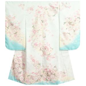七五三 着物 7歳 女の子 四つ身着物 京都花ひめブランド 濃淡水色 絵羽柄 八重桜 まり 金彩 紗綾華本地紋生地 日本製