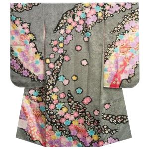 七五三着物 7歳 女の子 四つ身着物 京都花ひめブランド 黒色地総疋田柄 まり 絵羽柄 紋意匠生地