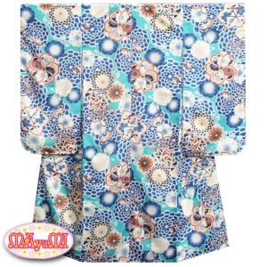 七五三 着物 7歳 女の子 四つ身着物 マユミブランド 青緑色 牡丹菊 サヤ地紋 日本製