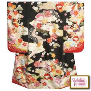 七五三 着物 7歳 女の子 四つ身着物 式部浪漫 黒地色 百花繚乱 鶴 サヤ地紋生地 日本製