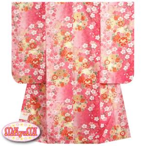 七五三 着物 7歳 女の子 四つ身着物 マユミブランド 濃淡ぼかしピンク染め分け 大小桜 芍薬 桜地紋生地