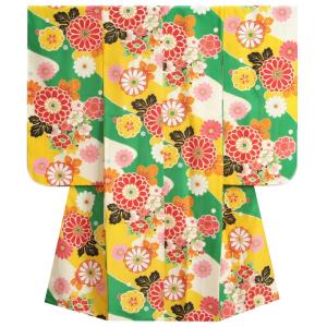 七五三 着物 7歳 女の子 緑橙流れ染め分け 菊 八重梅 縮緬生地