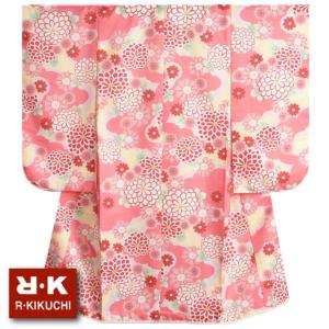 七五三 着物 7歳 女の子 四つ身着物 リョウコキクチブランド 濃ピンク黄色地染め分け配色 雲取牡丹菊文様 氷竹地紋生地