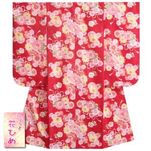七五三 着物 7歳 女の子 京都花ひめブランド 四つ身着物 赤色 桜 ぼたん菊 地紋生地