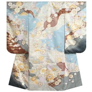 七五三 着物 7歳 女の子 四つ身着物 フロム京都ブランド ブルーグレー地金彩黒染め分け 友禅絵羽柄 刺繍牡丹 櫛波地紋生地