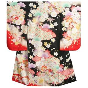 七五三 着物 7歳 女の子 四つ身着物 式部浪漫 黒地赤色染め分け 桜七宝 金糸刺繍 日本製