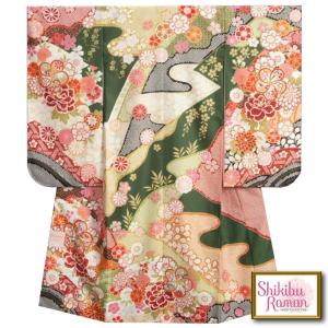 七五三 着物 7歳 女の子 四つ身着物 式部浪漫 濃緑色地 華尽くし 金糸刺繍 疋田友禅柄 日本製