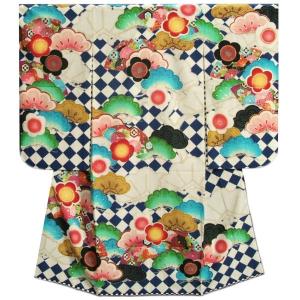 七五三 着物 7歳 女の子 四つ身着物 JAPANSTYLE×松坂大輔 青色 菱市松 扇面 松竹梅 地紋生地