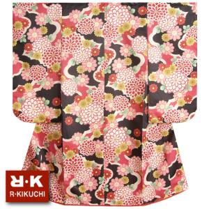 七五三 着物 7歳 女の子 四つ身着物 リョウコキクチブランド 黒地 雲取牡丹菊文様 氷竹地紋生地