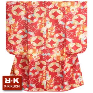 七五三 着物 7歳 女の子 四つ身着物 リョウコキクチブランド 赤色地 七宝桜菊文様 氷竹地紋生地