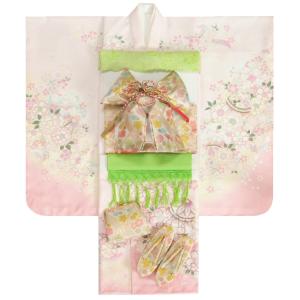 七五三 着物 7歳 女の子 着物フルセット 京都花ひめブランド 濃淡ピンク色 絵羽柄 ベージュ金襴帯セット 足袋に腰紐など20点セット 日本製