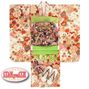 七五三 着物 7歳 着物フルセット マユミブランド 白地着物 黒ちりめん友禅柄帯セット 桜 雪輪柄 足袋に腰紐など20点フルセット