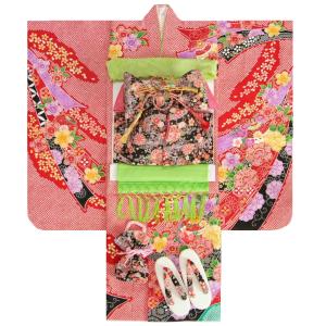 七五三 着物 7歳 着物フルセット フロム京都ブランド 赤地総疋田着物 絵羽文様 黒縮緬友禅文様帯セット 足袋に腰紐など20点フルセット