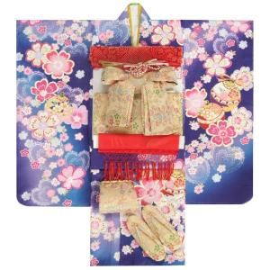 七五三 着物 7歳 女の子 着物フルセット 濃淡青紫色ぼかし流れ染め 重ね桜 金襴有職文様帯セット 足袋に腰紐など20点セット 日本製
