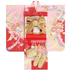 七五三 着物 7歳 女の子 着物フルセット ピンク色赤色三色ぼかし染め着物 金襴地友禅柄帯セット 足袋に腰紐など20点フルセット