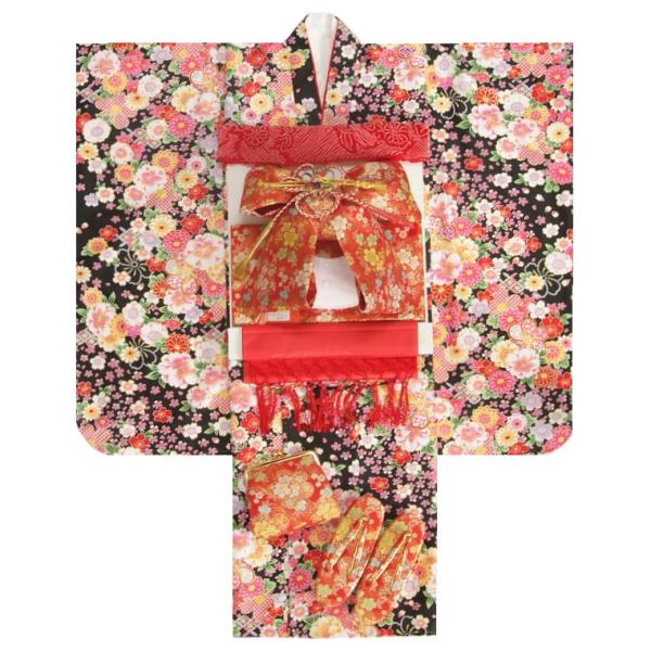 七五三 着物 七歳 着物フルセット 黒地色着物 小柄有職縁起柄 赤色友禅柄帯セット 足袋に腰紐など2...