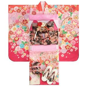 七五三 着物 7歳 女の子 着物フルセット フロム京都ブランド 濃淡ピンク染め分け着物 刺繍牡丹 雪輪 黒ちりめん友禅柄帯セット 足袋に腰紐など20点フルセット