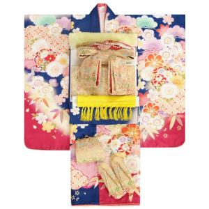 七五三 着物 7歳 着物フルセット 式部浪漫ブランド 青紺色地着物 桜七宝 ベージュゴールド有職文様帯セット 足袋に腰紐など20点フルセット 日本製