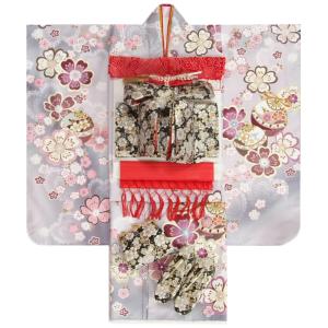 七五三 着物 7歳 女の子 着物フルセット 濃淡グレーぼかし流れ染め 重ね桜 金駒刺繍 黒地白梅文様帯セット 足袋に腰紐など20点セット 日本製