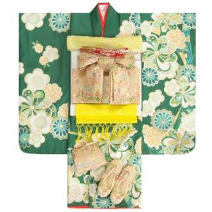  七五三 着物 7歳 女の子 着物フルセット 式部浪漫KAGURA 緑色 捻り菊 ベージュ金襴有職文様帯セット 足袋に腰紐など20点セット 日本製 