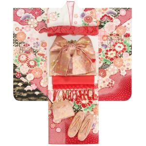 七五三 着物 7歳 女の子 着物フルセット フロム京都ブランド 白地ピンク赤黒色染分け 友禅絵羽柄 刺繍牡丹 ピンク桜流水帯セット 足袋に腰紐など20点フルセット