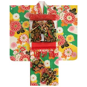 七五三 着物 7歳 女の子 着物フルセット 緑橙流れ染め分け 黒地まり柄帯セット 足袋に腰紐など20点セット