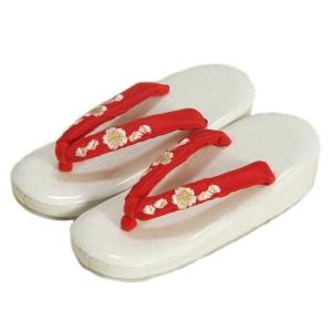 七五三 草履単品 7歳用 白地ラメ判 赤鼻緒桜刺繍使い 大サイズ 箱なし