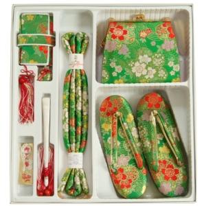 七五三着物用 筥迫セット ハコセコセット ７歳用 緑 桜流水柄 草履バッグ６点セット 日本製
