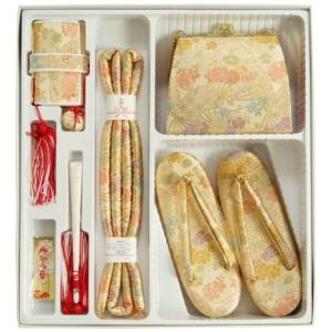 七五三着物用 筥迫セット ハコセコセット ７歳用 ゴールド 扇 桜 友禅柄 草履バッグ６点セット 日本製