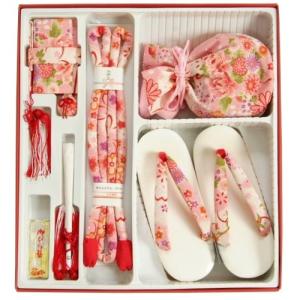 七五三 小物 着物用箱セコセット 筥迫セット ７歳用 ピンク白ぼかし ちりめん生地 きんちゃくに草履の付いた６点セット 日本製