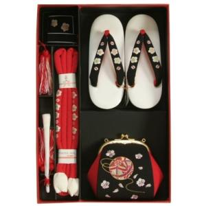 七五三 小物 着物用箱セコセット 筥迫セット ７歳用 黒 まり刺繍 ちりめん生地 バッグに草履の付いた６点セット 日本製