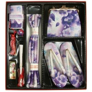 七五三 小物 着物用箱セコセット 筥迫セット ７歳用 濃淡パープルグラデーション 胡蝶蘭 牡丹 バッグに草履の付いた６点セット 日本製