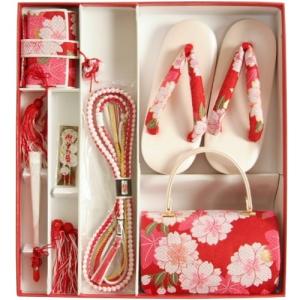 七五三 小物 着物用草履バッグ箱セコセット 筥迫セット ７歳用 赤色 八重桜柄 七宝地紋生地 バッグに草履の付いた６点セット 日本製