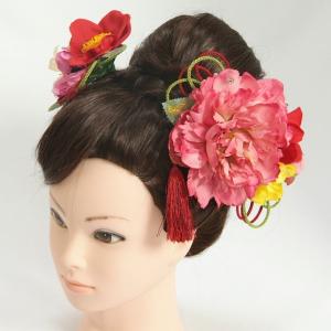 髪飾り　成人式　振袖　七五三着物　卒業袴　ドレスにも使えます　濃ピンク　赤　3点セット　牡丹華　椿　コーム・ピンタイプ　日本製