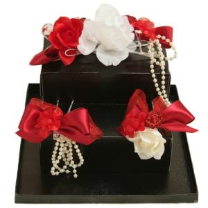 髪飾り　七五三着物　成人式振袖　卒業袴　に最適な和洋兼用タイプ　3点セット　赤　白　パール飾り　オーガンジー　かんざしピンタイプ　日本製