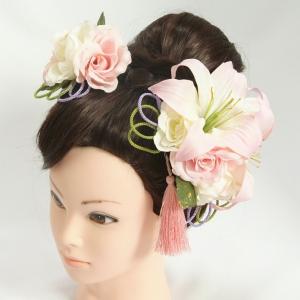 髪飾り　成人式　振袖　七五三着物　卒業袴　ドレスにも使えます　白　ピンク　ハイビスカス　3点セット　コーム・ピンタイプ　日本製