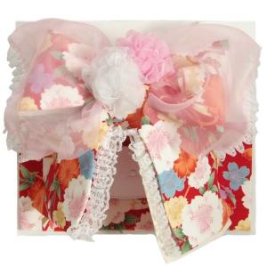  七五三着物用祝い帯　７歳用　リョウコキクチブランド　赤　オーガンジーレース付き 