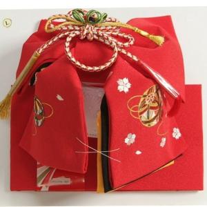  七五三着物用祝い帯 ７歳用 赤無地 まり刺繍柄 ちりめん生地 重ね作り仕様 飾り紐付き 大サイズ 日本製 