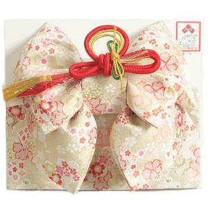  七五三 作り帯 着物 結び帯 ７歳 白地金襴色 桜尽くし 飾り紐付き 大サイズ 日本製 