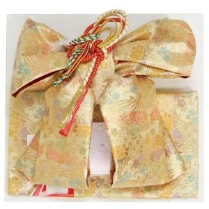  七五三着物用祝い帯 ７歳用 ゴールド 扇 桜 友禅柄 飾り紐付き 大サイズ 日本製 