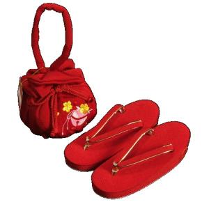 七五三　3歳から5歳用　草履きんちゃくセット　赤　ちりめん地　鈴刺繍使い　日本製