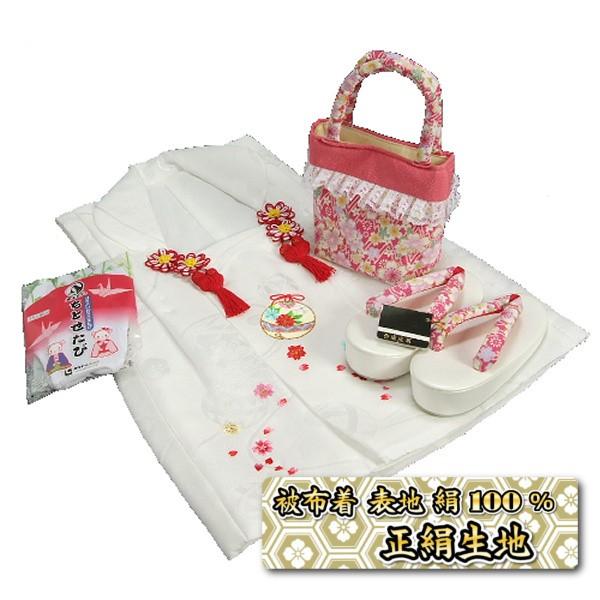 七五三 3歳から5歳用 正絹被布草履バッグセット ピンク 桜柄 被布白地 足袋付きセット 日本製
