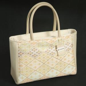 和装バッグ　花繁菱柄　淡金色　横型　絹交織　帯地手提げタイプ　河合美術織物　テフロン防汚加工　日本製