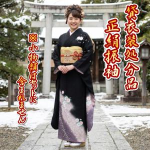 貸衣装処分品 表地絹100％ 正絹 振袖 すぐに着れる仕立て上がり着物 成人式 結婚式 黒色 友禅柄