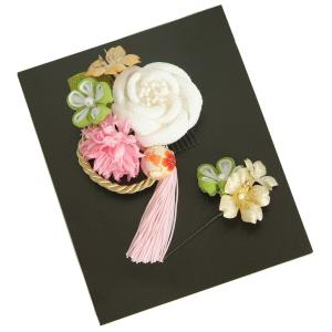 髪飾り　成人式　振袖　七五三着物　卒業袴　ピンク、白　薔薇　小鞠　コーム・ピンタイプ　2点セット　手染め　日本製