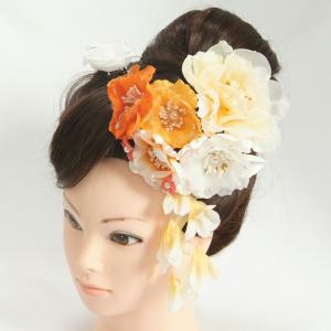 髪飾り　成人式　振袖　七五三着物　卒業袴　ドレスにも使えます　2個タイプ　オレンジ　イエロー　牡丹華　コーム・ピンタイプ