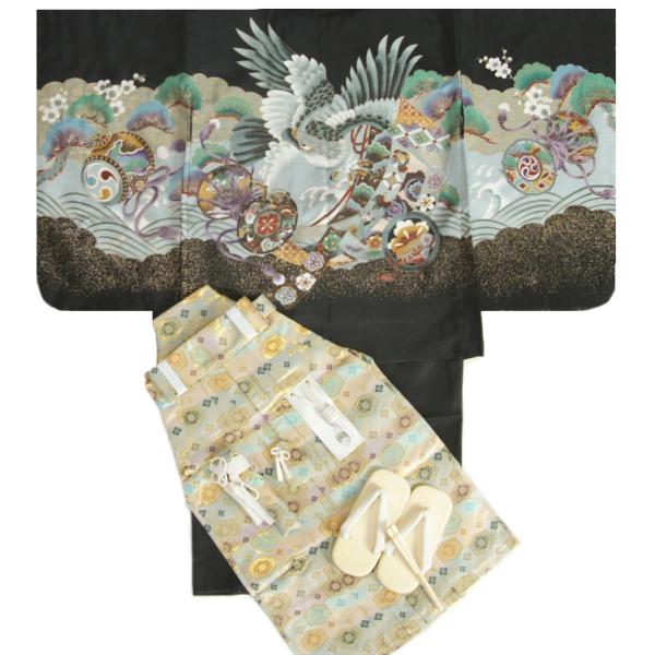 七五三 着物 男の子 5歳 男児袴セット 鷹 几帳 松竹梅 ベージュ亀甲紋袴 五歳用 12点セット ...