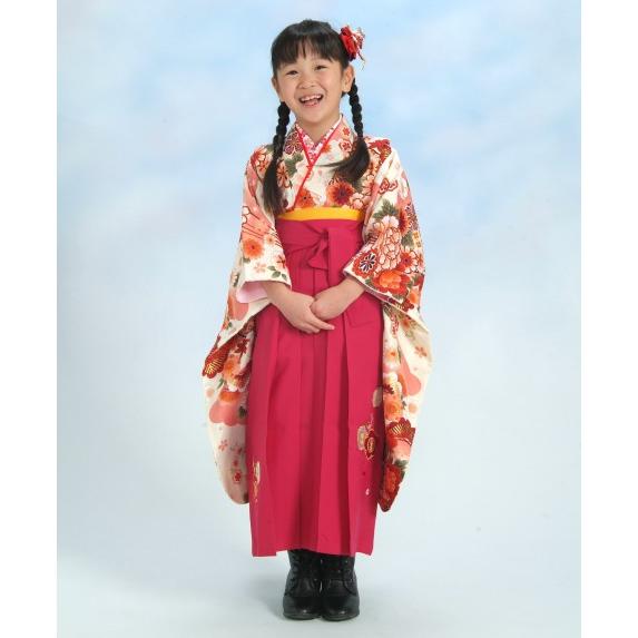 幼稚園　保育園　卒園袴着物４点セット　マユミブランド　キッズサイズ　オフホワイト色　濃ピンク刺繍袴　...